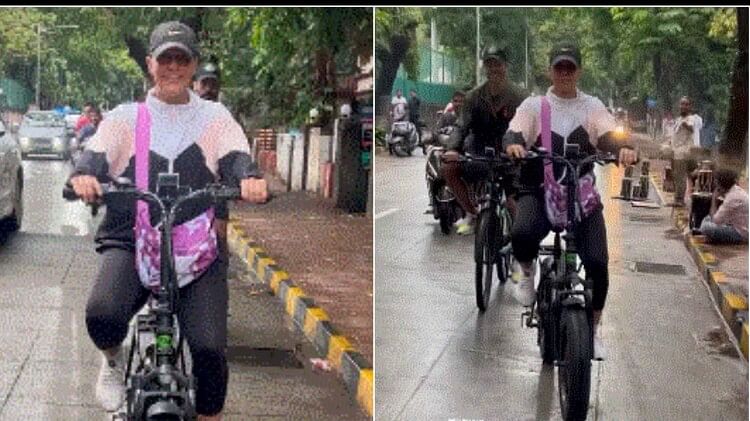 Neha Dhupia enjoying Mumbai weather Actress enjoys some fun cycling in the city Video Goes Viral